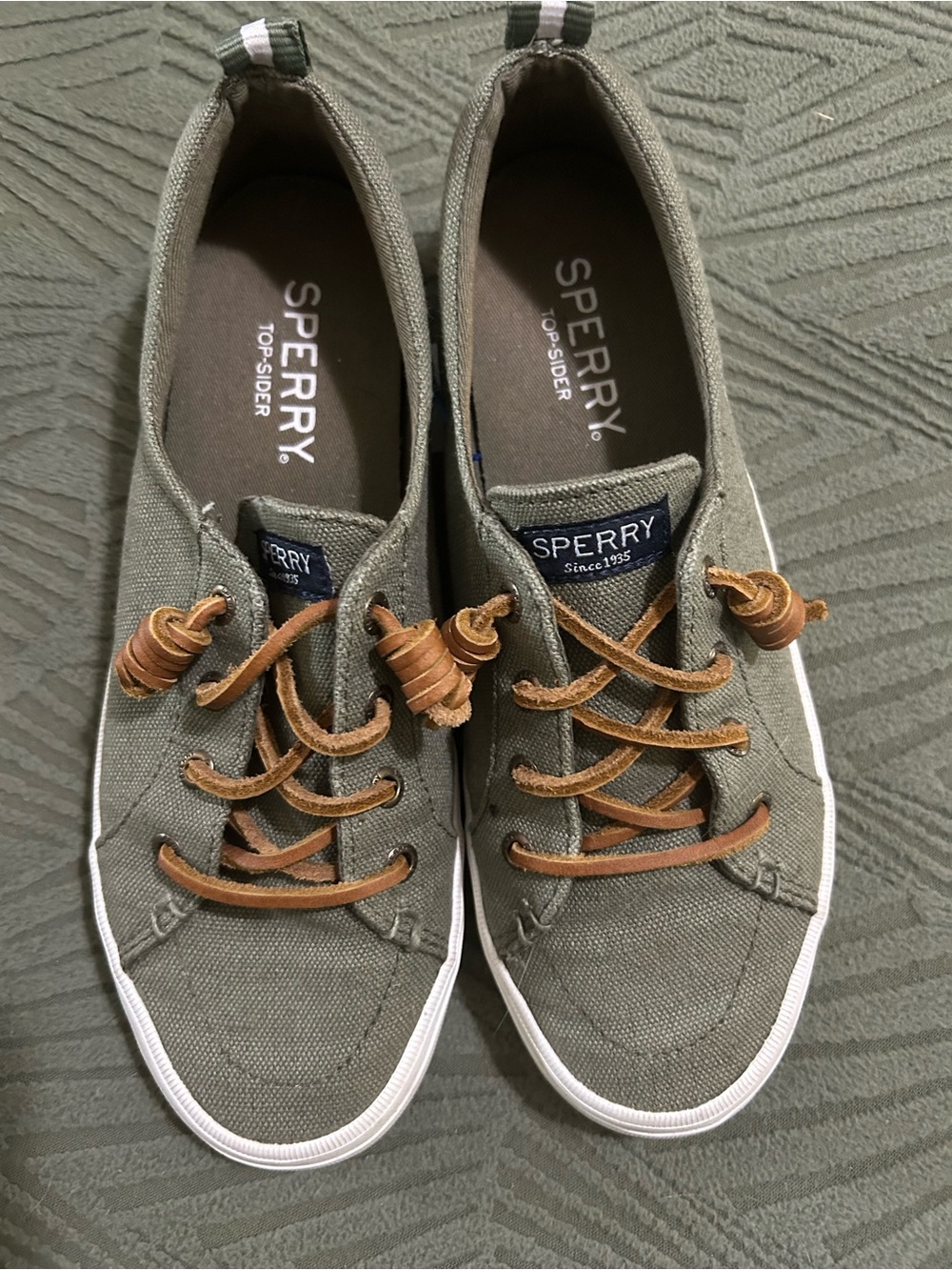 Sperry Olive Canvas Low-Top Sneakers with Tan Leather Laces